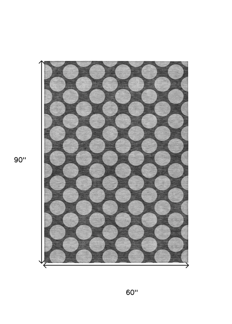 5' X 8' Charcoal And Ivory Polka Dot Washable Indoor Outdoor Area Rug