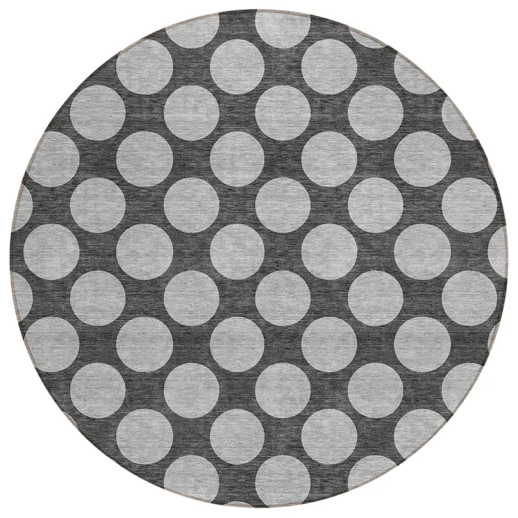 8' Charcoal And Ivory Round Polka Dot Washable Indoor Outdoor Area Rug