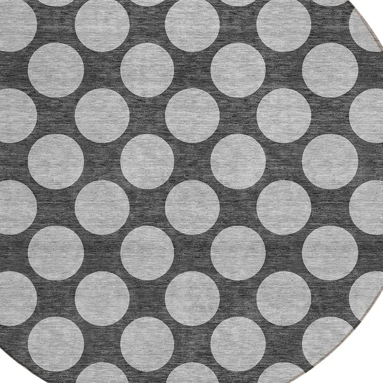 8' Charcoal And Ivory Round Polka Dot Washable Indoor Outdoor Area Rug