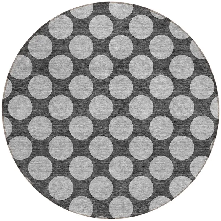 8' Charcoal And Ivory Round Polka Dot Washable Indoor Outdoor Area Rug