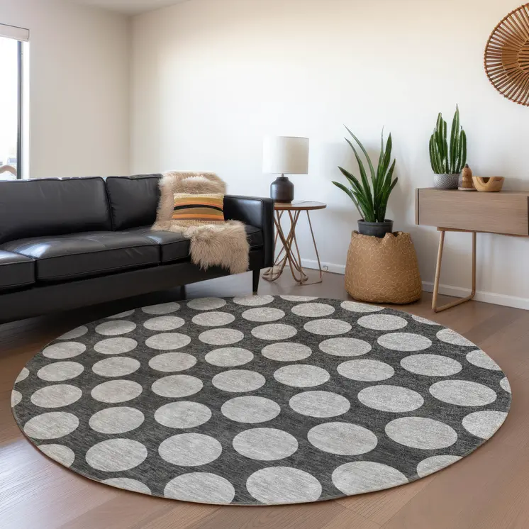 8' Charcoal And Ivory Round Polka Dot Washable Indoor Outdoor Area Rug