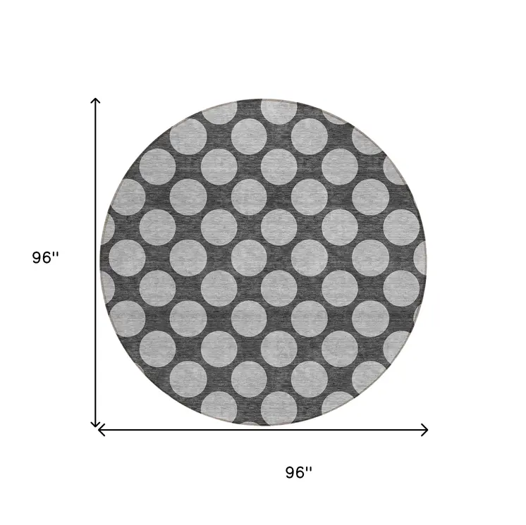8' Charcoal And Ivory Round Polka Dot Washable Indoor Outdoor Area Rug