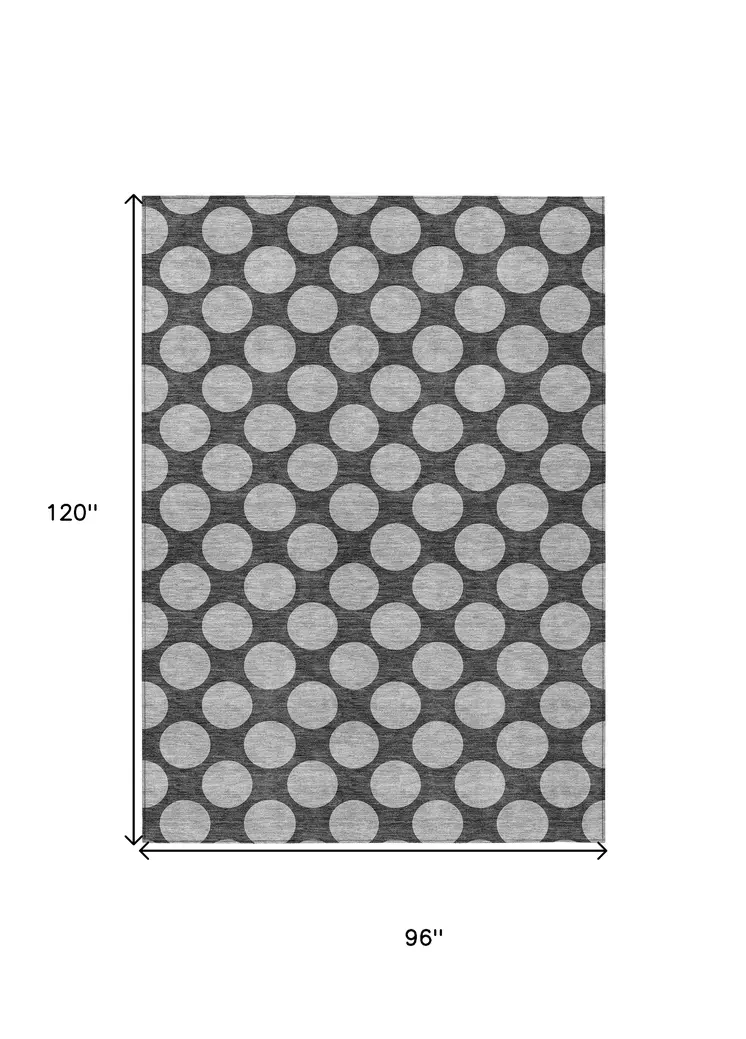 8' X 10' Charcoal And Ivory Polka Dot Washable Indoor Outdoor Area Rug