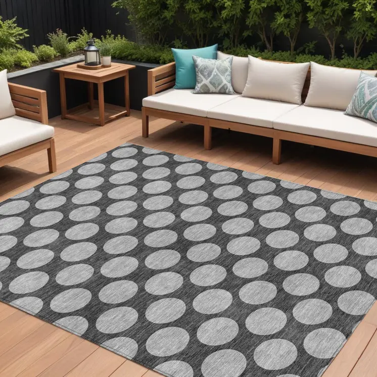 8' X 10' Charcoal And Ivory Polka Dot Washable Indoor Outdoor Area Rug