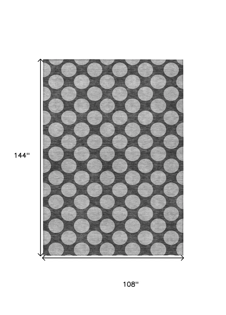 9' X 12' Charcoal And Ivory Polka Dot Washable Indoor Outdoor Area Rug