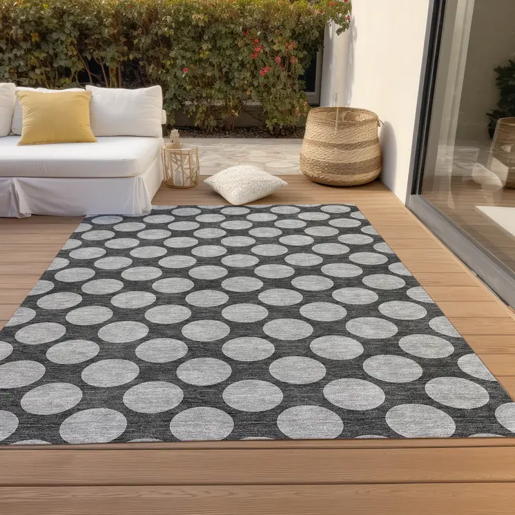 9' X 12' Charcoal And Ivory Polka Dot Washable Indoor Outdoor Area Rug
