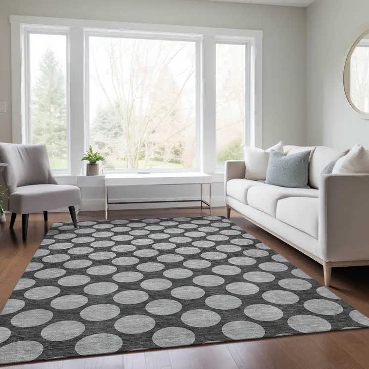 9' X 12' Charcoal And Ivory Polka Dot Washable Indoor Outdoor Area Rug