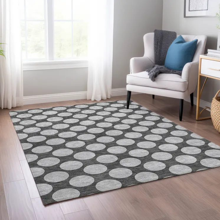 9' X 12' Charcoal And Ivory Polka Dot Washable Indoor Outdoor Area Rug