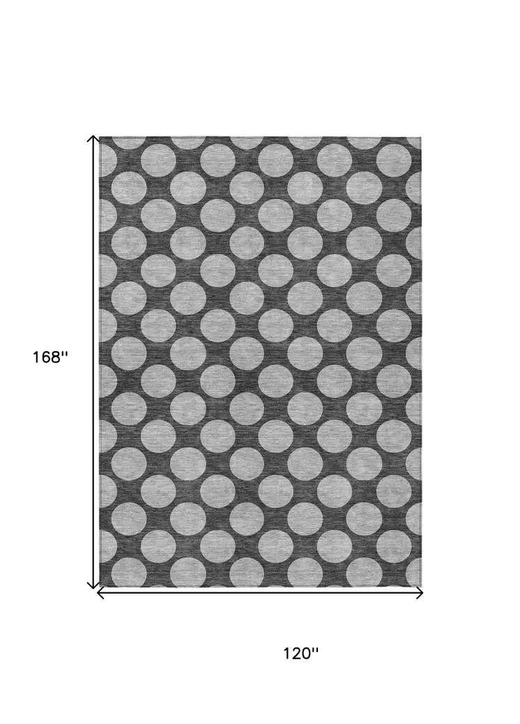 10' X 14' Charcoal And Ivory Polka Dot Washable Indoor Outdoor Area Rug