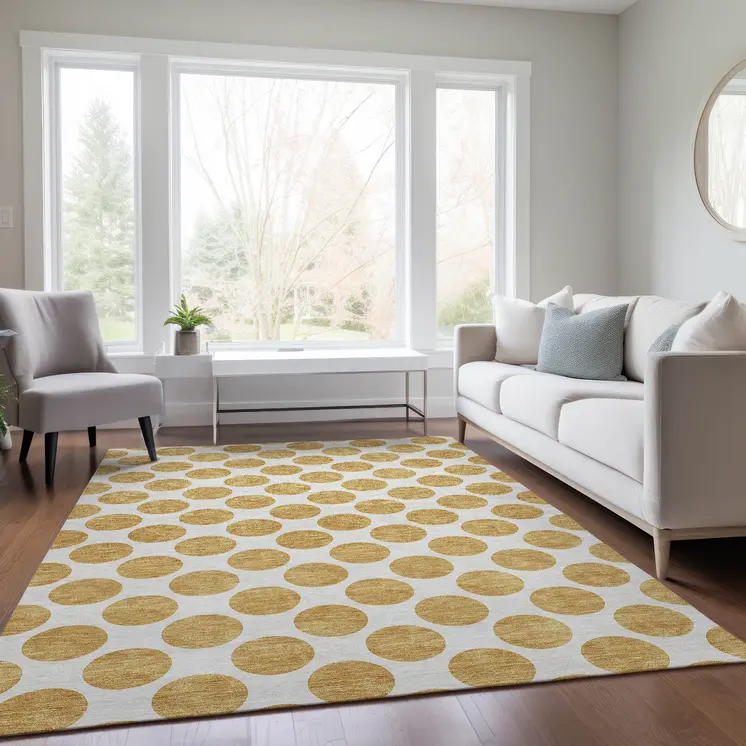 3' X 5' Gold And Ivory Polka Dot Washable Indoor Outdoor Area Rug