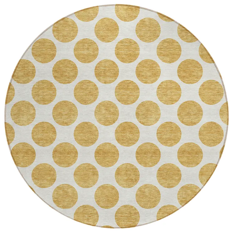 8' Gold And Ivory Round Polka Dot Washable Indoor Outdoor Area Rug