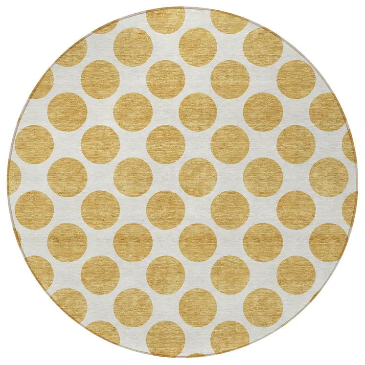 8' Gold And Ivory Round Polka Dot Washable Indoor Outdoor Area Rug
