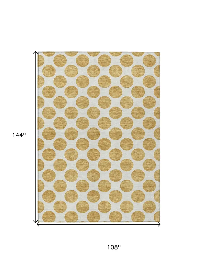 9' X 12' Gold And Ivory Polka Dot Washable Indoor Outdoor Area Rug