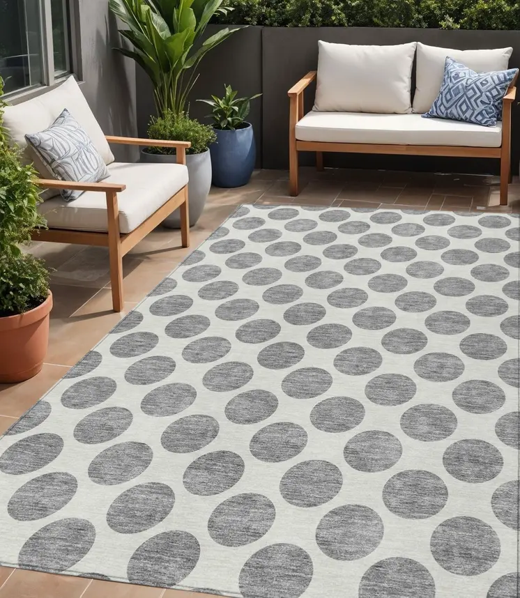 5' X 8' Gray And Ivory Polka Dot Washable Indoor Outdoor Area Rug