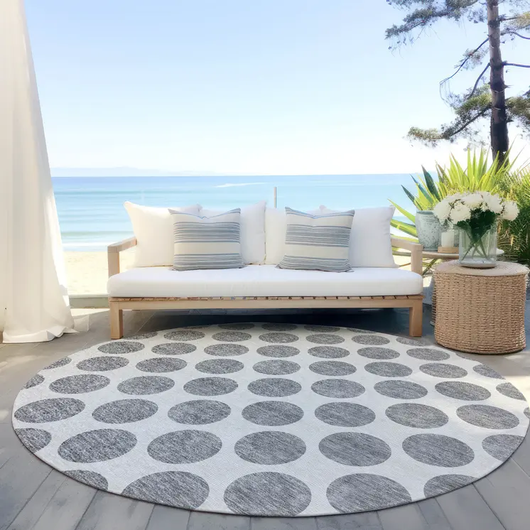 8' Gray And Ivory Round Polka Dot Washable Indoor Outdoor Area Rug