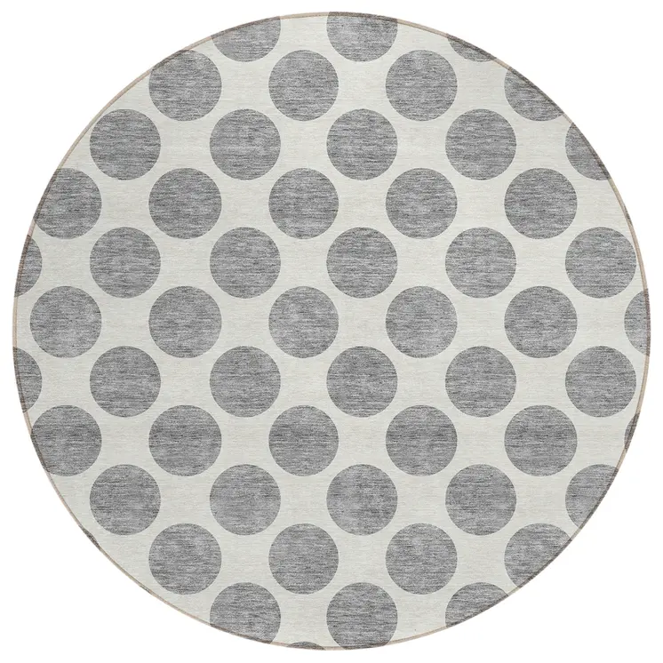 8' Gray And Ivory Round Polka Dot Washable Indoor Outdoor Area Rug