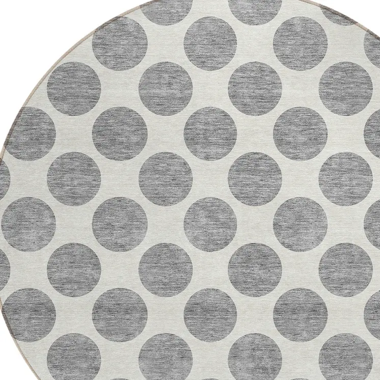 8' Gray And Ivory Round Polka Dot Washable Indoor Outdoor Area Rug