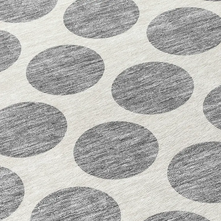 8' Gray And Ivory Round Polka Dot Washable Indoor Outdoor Area Rug