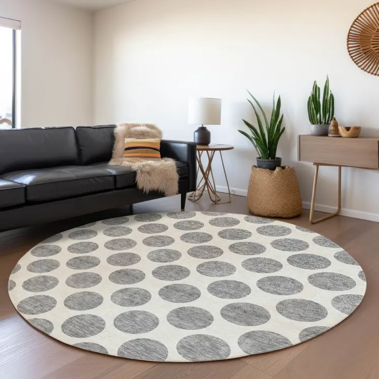 8' Gray And Ivory Round Polka Dot Washable Indoor Outdoor Area Rug