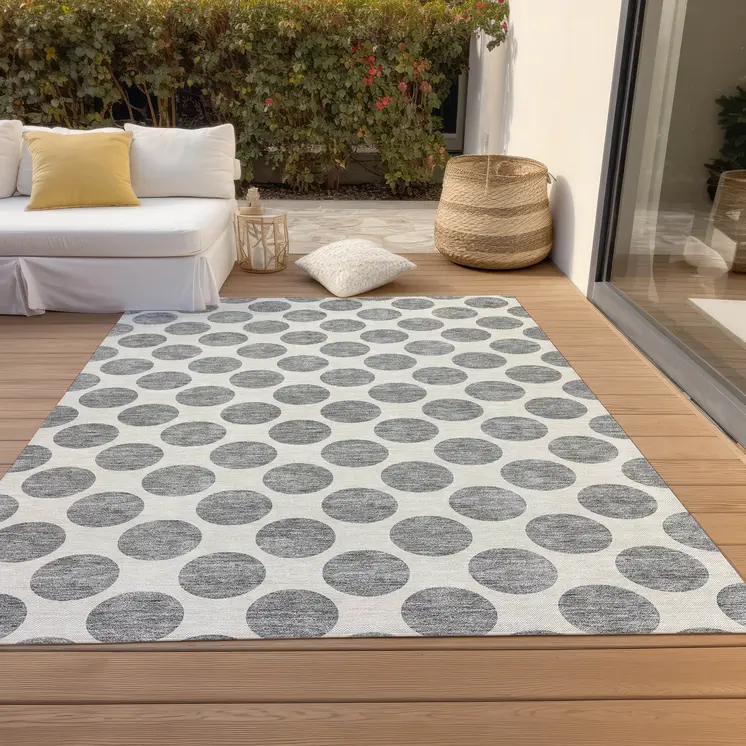 8' X 10' Gray And Ivory Polka Dot Washable Indoor Outdoor Area Rug