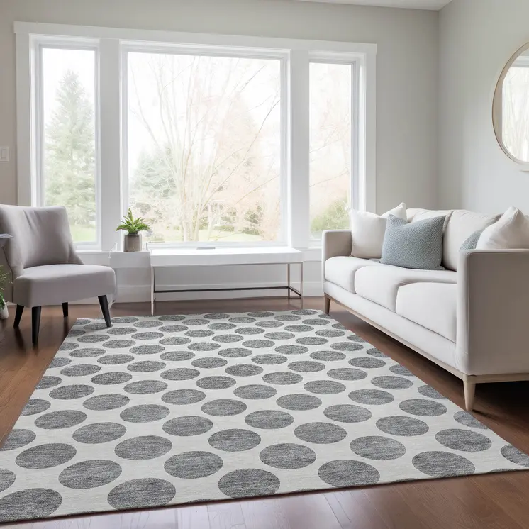 8' X 10' Gray And Ivory Polka Dot Washable Indoor Outdoor Area Rug