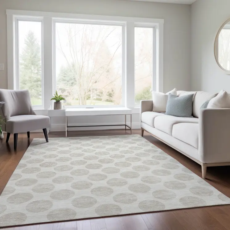 3' X 5' Ivory And Beige Polka Dot Washable Indoor Outdoor Area Rug
