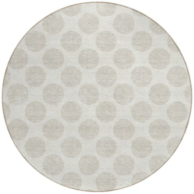 8' Ivory And Beige Round Polka Dot Washable Indoor Outdoor Area Rug