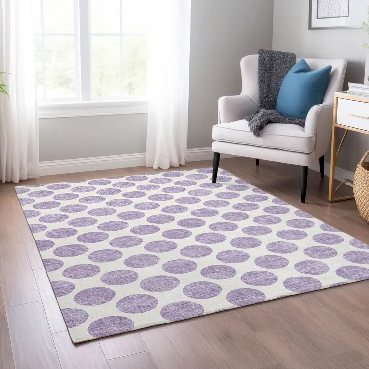 3' X 5' Lavender And Ivory Polka Dot Washable Indoor Outdoor Area Rug