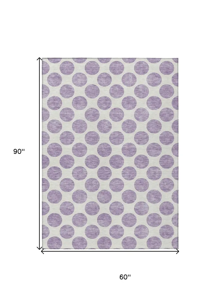 5' X 8' Lavender And Ivory Polka Dot Washable Indoor Outdoor Area Rug