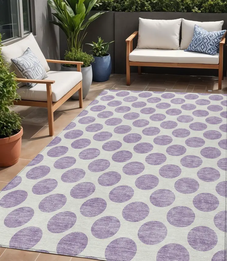5' X 8' Lavender And Ivory Polka Dot Washable Indoor Outdoor Area Rug