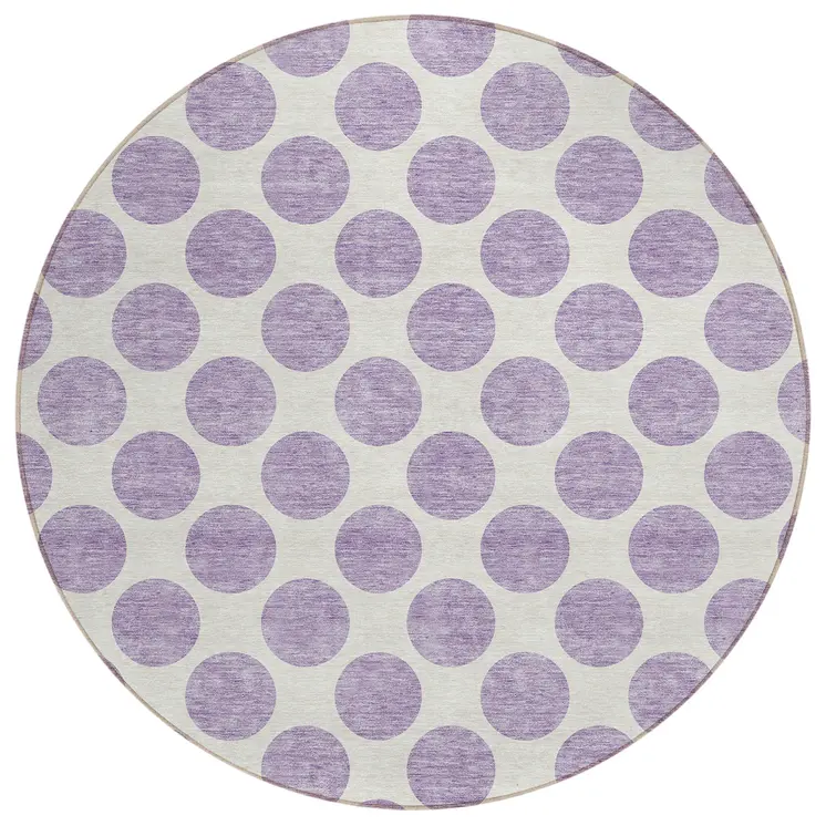 8' Lavender And Ivory Round Polka Dot Washable Indoor Outdoor Area Rug