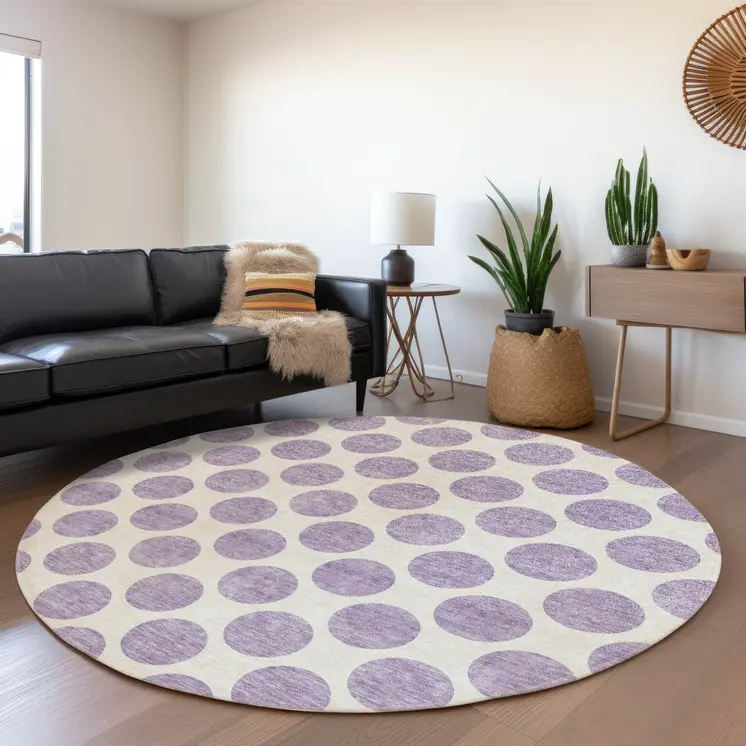 8' Lavender And Ivory Round Polka Dot Washable Indoor Outdoor Area Rug