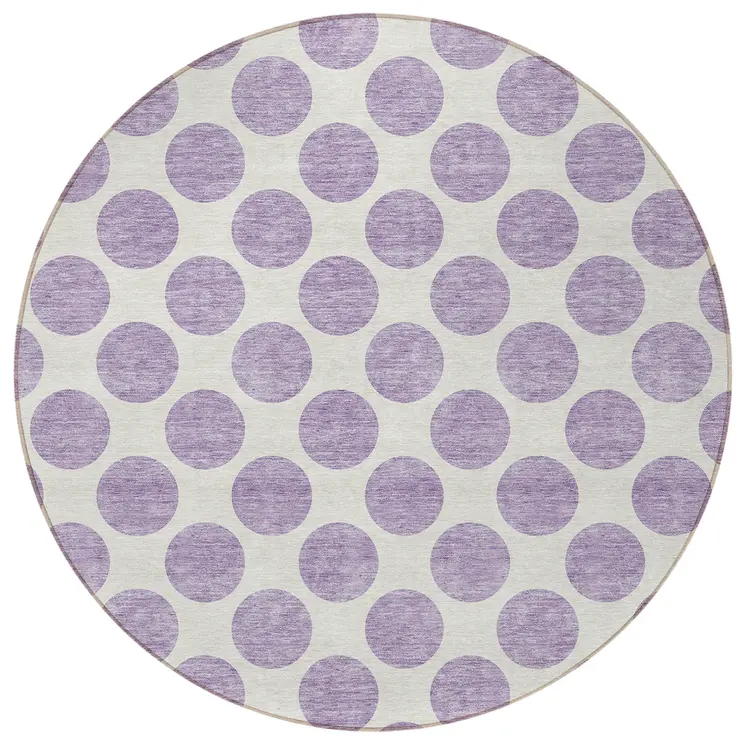8' Lavender And Ivory Round Polka Dot Washable Indoor Outdoor Area Rug