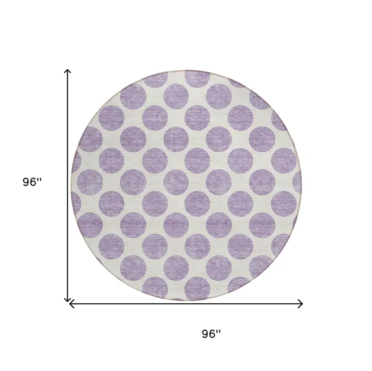 8' Lavender And Ivory Round Polka Dot Washable Indoor Outdoor Area Rug