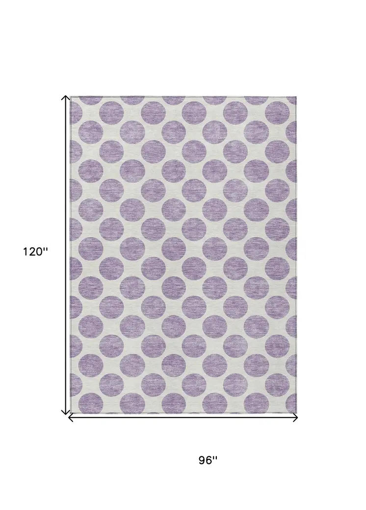 8' X 10' Lavender And Ivory Polka Dot Washable Indoor Outdoor Area Rug