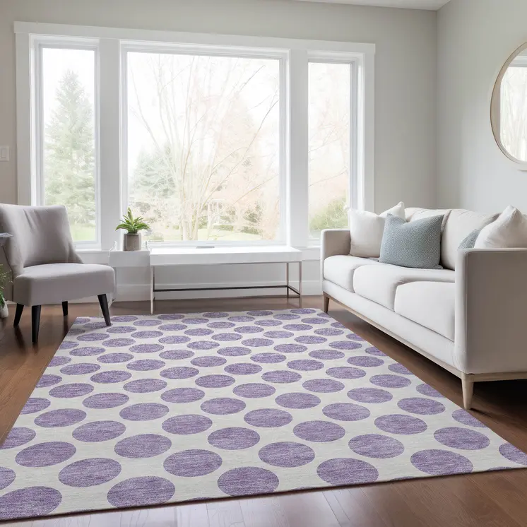 9' X 12' Lavender And Ivory Polka Dot Washable Indoor Outdoor Area Rug