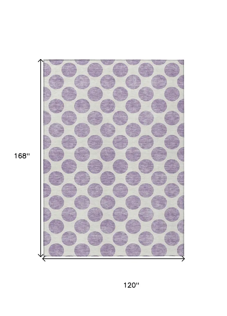 10' X 14' Lavender And Ivory Polka Dot Washable Indoor Outdoor Area Rug