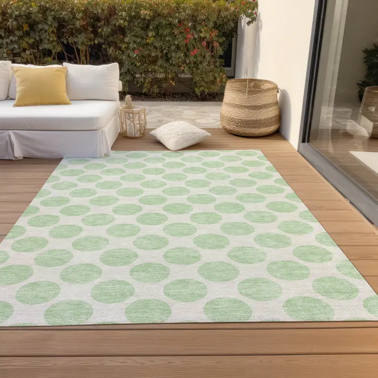 3' X 5' Mint Green And Ivory Polka Dot Washable Indoor Outdoor Area Rug