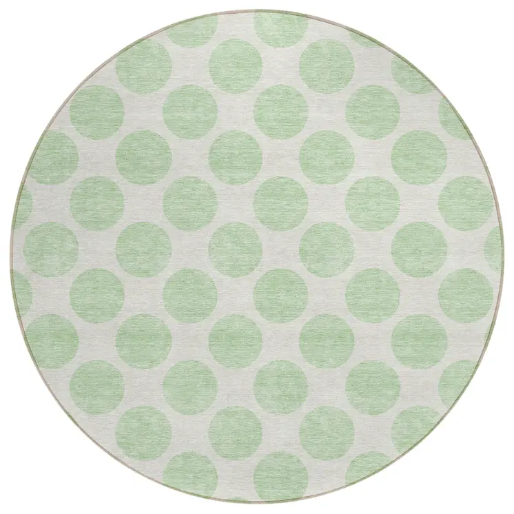 8' Mint Green And Ivory Round Polka Dot Washable Indoor Outdoor Area Rug