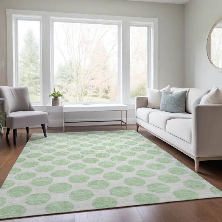 8' X 10' Mint Green And Ivory Polka Dot Washable Indoor Outdoor Area Rug