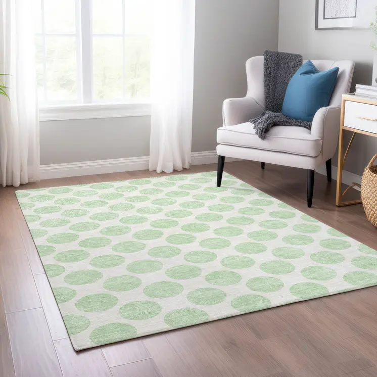 8' X 10' Mint Green And Ivory Polka Dot Washable Indoor Outdoor Area Rug