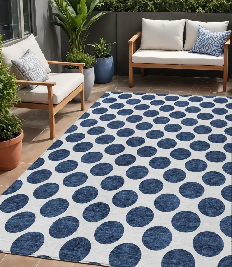 5' X 8' Navy Blue And Ivory Polka Dot Washable Indoor Outdoor Area Rug