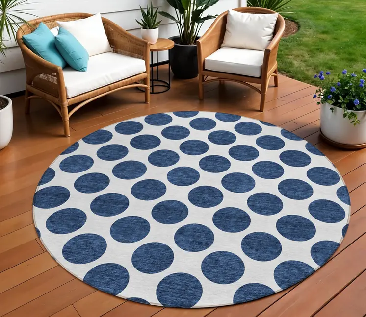 8' Navy Blue And Ivory Round Polka Dot Washable Indoor Outdoor Area Rug