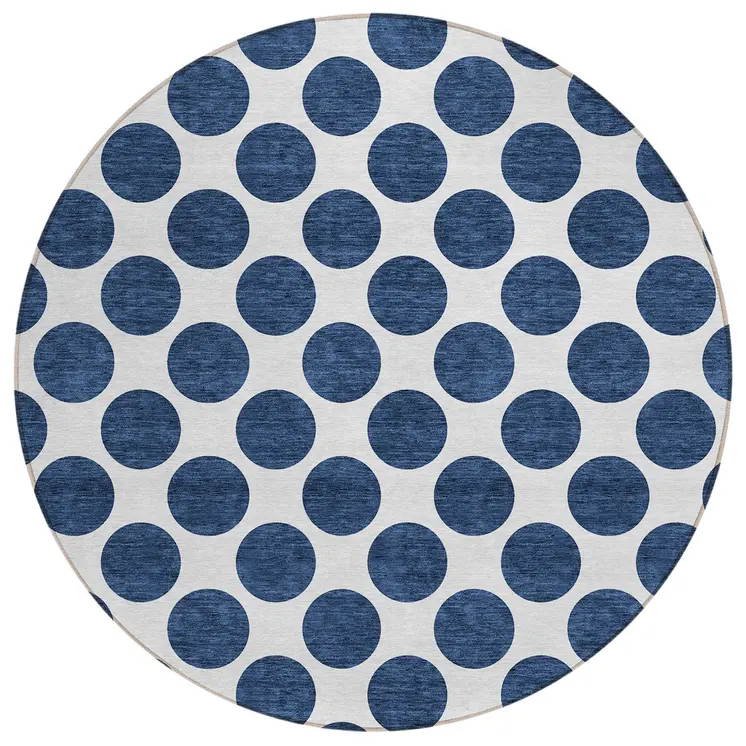 8' Navy Blue And Ivory Round Polka Dot Washable Indoor Outdoor Area Rug
