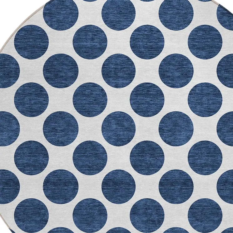 8' Navy Blue And Ivory Round Polka Dot Washable Indoor Outdoor Area Rug