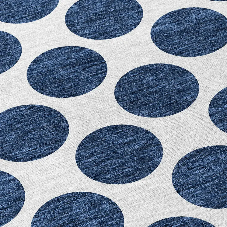 8' Navy Blue And Ivory Round Polka Dot Washable Indoor Outdoor Area Rug