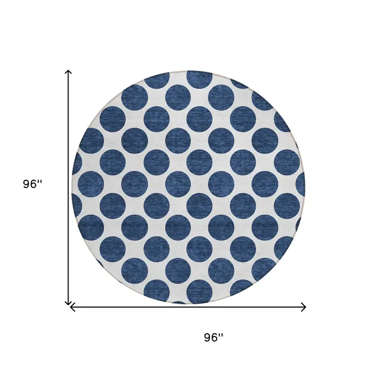 8' Navy Blue And Ivory Round Polka Dot Washable Indoor Outdoor Area Rug