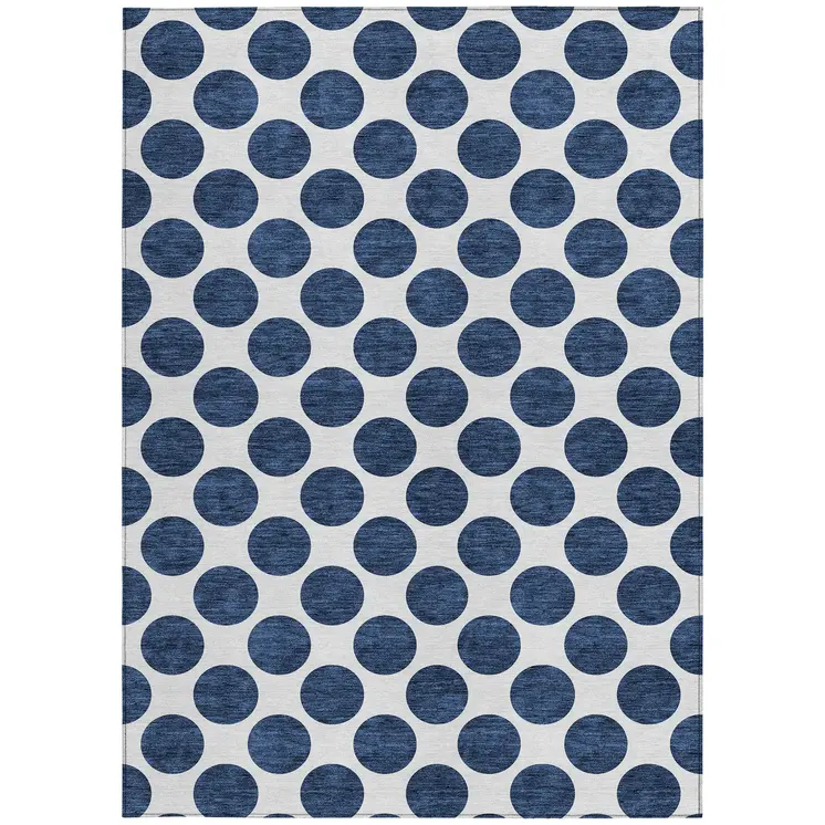 8' X 10' Navy Blue And Ivory Polka Dot Washable Indoor Outdoor Area Rug