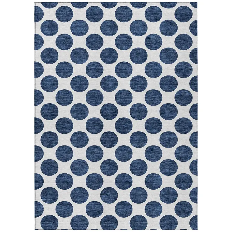 8' X 10' Navy Blue And Ivory Polka Dot Washable Indoor Outdoor Area Rug