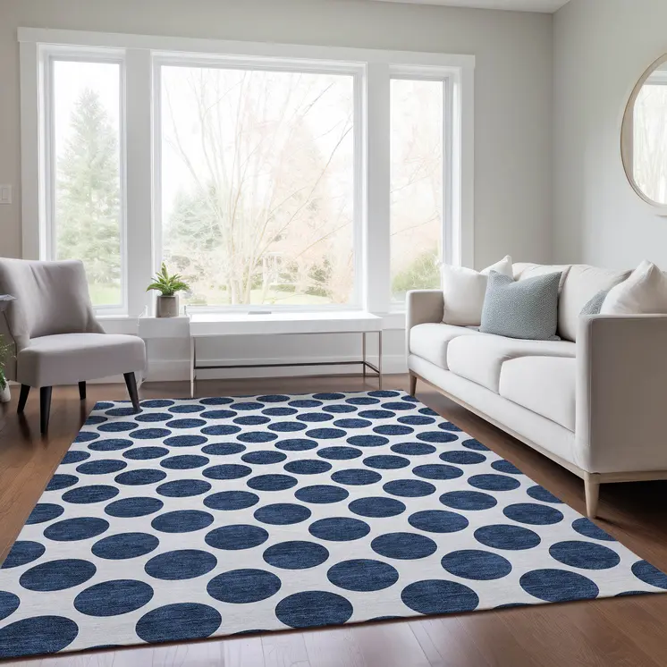 8' X 10' Navy Blue And Ivory Polka Dot Washable Indoor Outdoor Area Rug